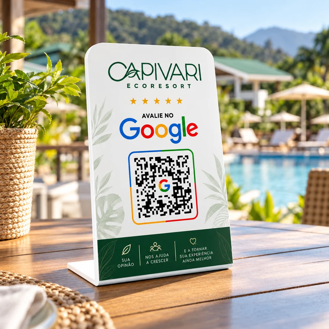 Demonstração de placa personalizada Capivari Ecoresort para avaliações no Google